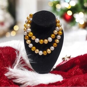 Genuine Freshwater Pearls. Elegant Gold and Gray Beaded Necklace. 18 Inches.